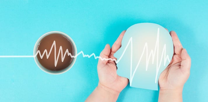 Cup of coffee in the morning, wake up, brainwaves goes up after the caffeine drink, take a break, high energy level
