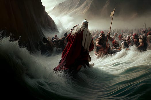 Exodus of the bible, Moses crossing the Red Sea with the Israelites, escape from the Egyptians, illustration, generative AI