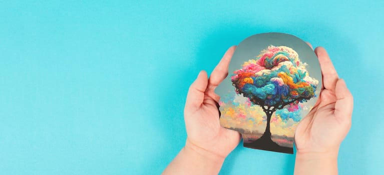 Head with colorful tree, spirituality and creativity concept, connection to nature, positive emotion, mental health, generative AI used for tree