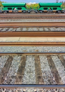 Merchandise wagons stopped on railway track. Rail freight transport