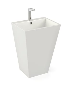 Ceramic pedestal wash basin with sensor faucet on white background
