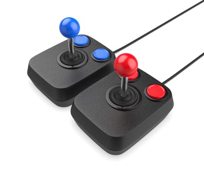 Pair of retro computer joysticks on white background