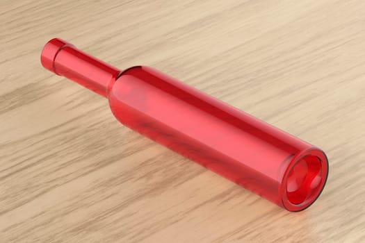 Red empty glass bottle on wooden table