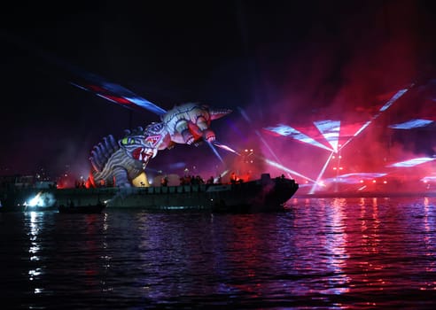 Cracow, Poland - June 4, 2022: Great Dragon Parade. The Great Outdoor Show on the Vistula River.