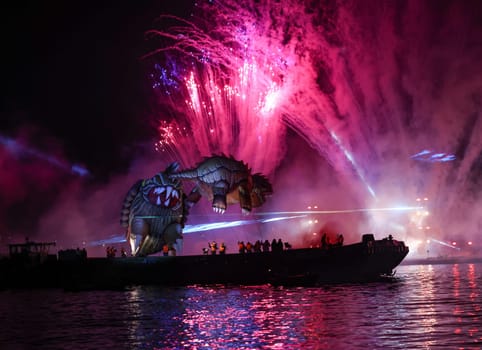 Cracow, Poland - June 4, 2022: Great Dragon Parade. The Great Outdoor Show on the Vistula River.