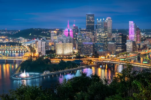 Evening view of Pittsburgh from the top of the Duquesne Incline in Mount Washington, Pittsburgh, Pennsylvania.