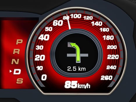 Modern speedometer of a car with navigation screen. 3D illustration.