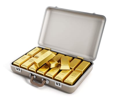 Gold ingots in the briefcase isolated on white background. 3D illustration.
