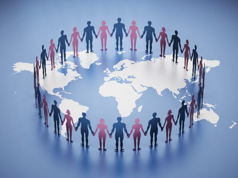 People holding hands around the world. 3D illustration.