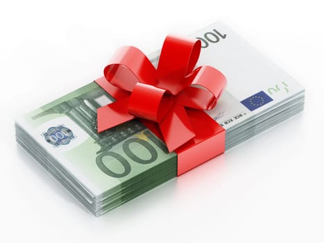 100 euro bills with red ribbon isolated on white background. 3D illustration.