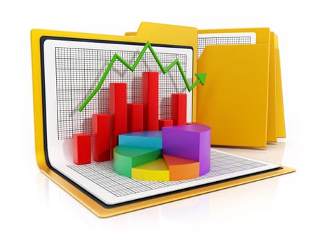 Business charts and diagrams inside yellow folder. 3D illustration.