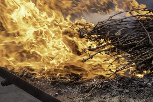 Detail of burnt wood for cooking on the grill