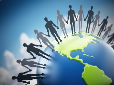 People holding hands around the world. 3D illustration.