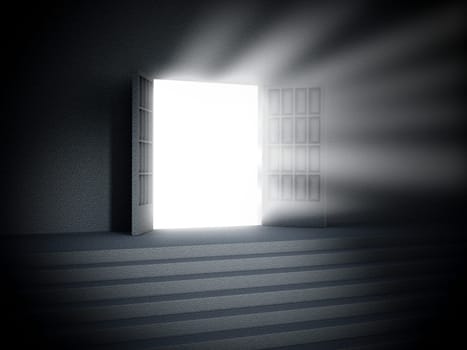 Light glowing from the open door at the dark. 3D illustration.