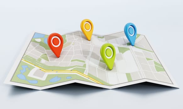 Multi-colored markers on navigation map. 3D illustration.