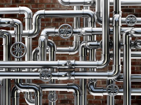 Metal water pipes against brick wall. 3D illustration.