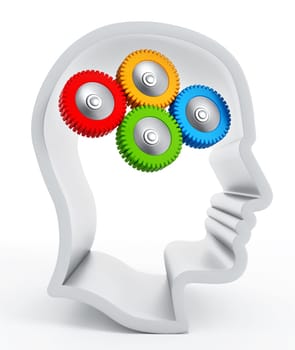 Multi-colored gears inside human head silhouette. 3D illustration.