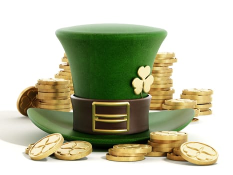 Leprechaun's green hat and gold coins isolated on white background. 3D illustration.
