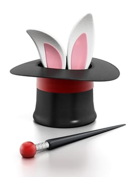 Magician hat and wand isolated on white background. 3D illustration.