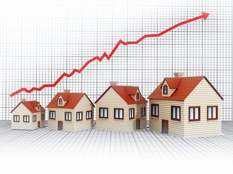 Rising house sales concept with arrow. 3D illustration.