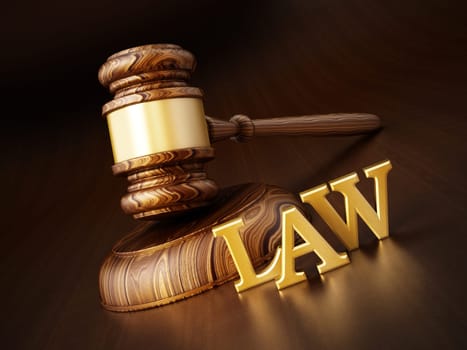 Gavel and LAW word isolated on wooden background. 3D illustration.