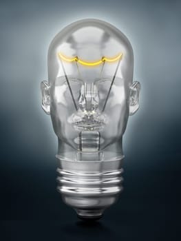 Human head shaped lightbulb on dark background. 3D illustration.