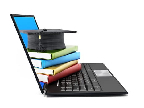 Book stack and graduation cap on laptop computer isolated on white background. 3D illustration.
