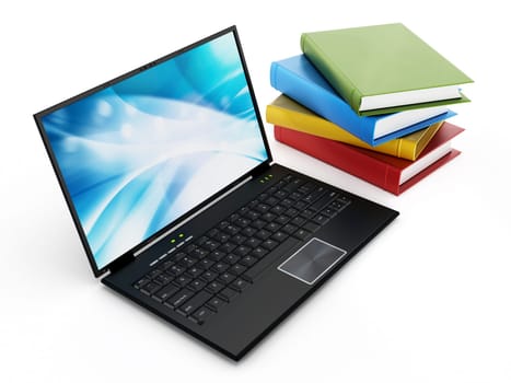 Book stack and laptop computer isolated on white background. 3D illustration.