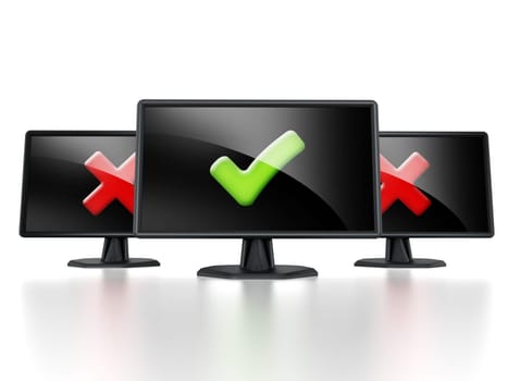 LED monitor with green tick standing out against others with cross. 3D illustration.