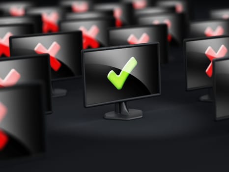 LED monitor with green tick standing out against others with cross.Selective focus. 3D illustration.