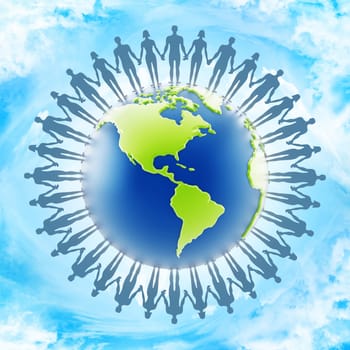 People holding hands around the world. 3D illustration.