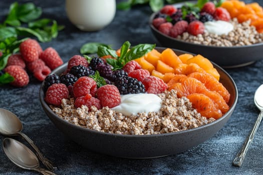 Savor a delightful bowl filled with granola, vibrant berries, and seasonal fruits, perfect for a nourishing start to the day.