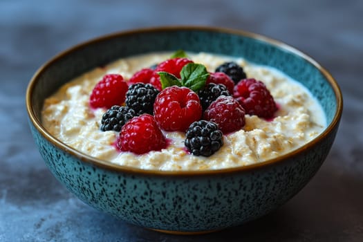 Bright and inviting bowl of oatmeal adorned with vibrant raspberries, blackberries, and a sprig of mint, perfect for breakfast.