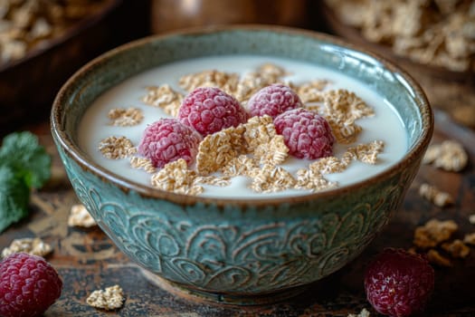 Creamy yogurt embraces crunchy flakes and vibrant raspberries, creating a delightful breakfast bowl on a rustic wooden table.