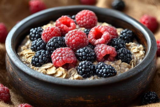 Delightful bowl of creamy oatmeal generously layered with vibrant raspberries and blackberries, resting on warm fabric.