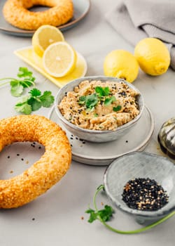 Baba ganoush - Levantine cuisine appetizer made from baked eggplant and sesame paste with herbs and olive oil.