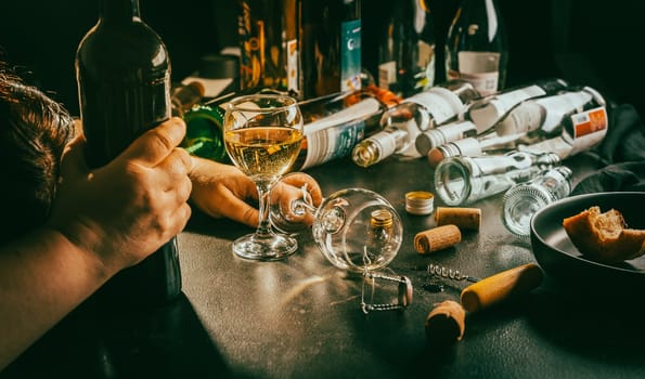 After party - empty bottles, concept of alcoholism, alcohol abuse and addiction