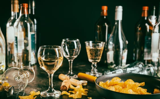 After party - empty bottles, concept of alcoholism, alcohol abuse and addiction