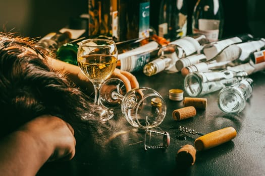 After party - empty bottles, concept of alcoholism, alcohol abuse and addiction
