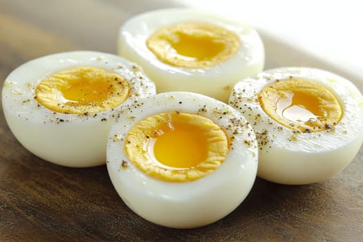 Soft boiled eggs with vibrant yellow centers sit elegantly on a wooden surface, enhanced by a sprinkle of spices for flavor.