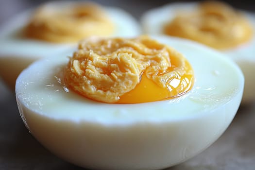 Rich and creamy soft-boiled eggs are plated elegantly, showcasing their vibrant golden yolk amidst a soft white backdrop.