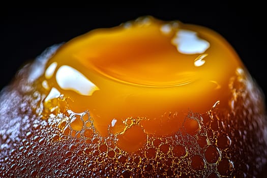 Golden honey drips elegantly, creating a glossy surface adorned with bubbles, showcasing its rich color and texture in exquisite detail.