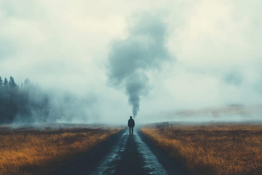 Silhouette of a young fit man standing on a path in a foggy misty field. Mental health concept.