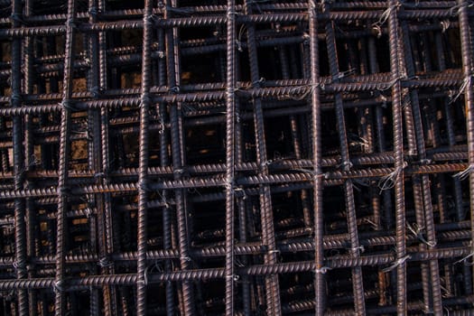iron mesh in the construction site, close-up of iron mesh
