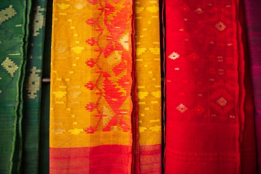 Bangladeshi Women,s Traditional Colorful Jamdani saree hanging in the retail Showrooms. Colorful Jamdani Saree Texture Background