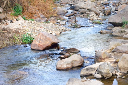 Boulder rocks on a Rocky mountain river. Rangbang river mountain valley.Tabakoshi West Bengal India