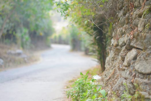 A beautiful asphalt road leading through with blur stone walls in the foreground. Diminishing Perspective. Travel Holiday backgrounds. Copy Space for text.