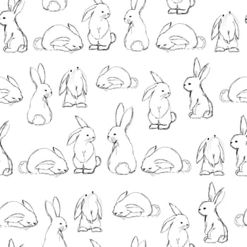 Year of the rabbit seamless pattern. Painted rabbits on a white background. Vector endless ornament. Cute bunnies for children s room and textiles. Baby animals. Forest dwellers.