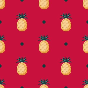 pineapple seamless pattern. ripe pineapples on a crimson background. Vector endless ornament. Exotic fruits. Magenta color 2023. Art Nouveau.