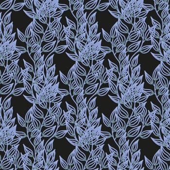 Seamless pattern with vertical pattern of leaves. Black background. Trendy design seamless with branches